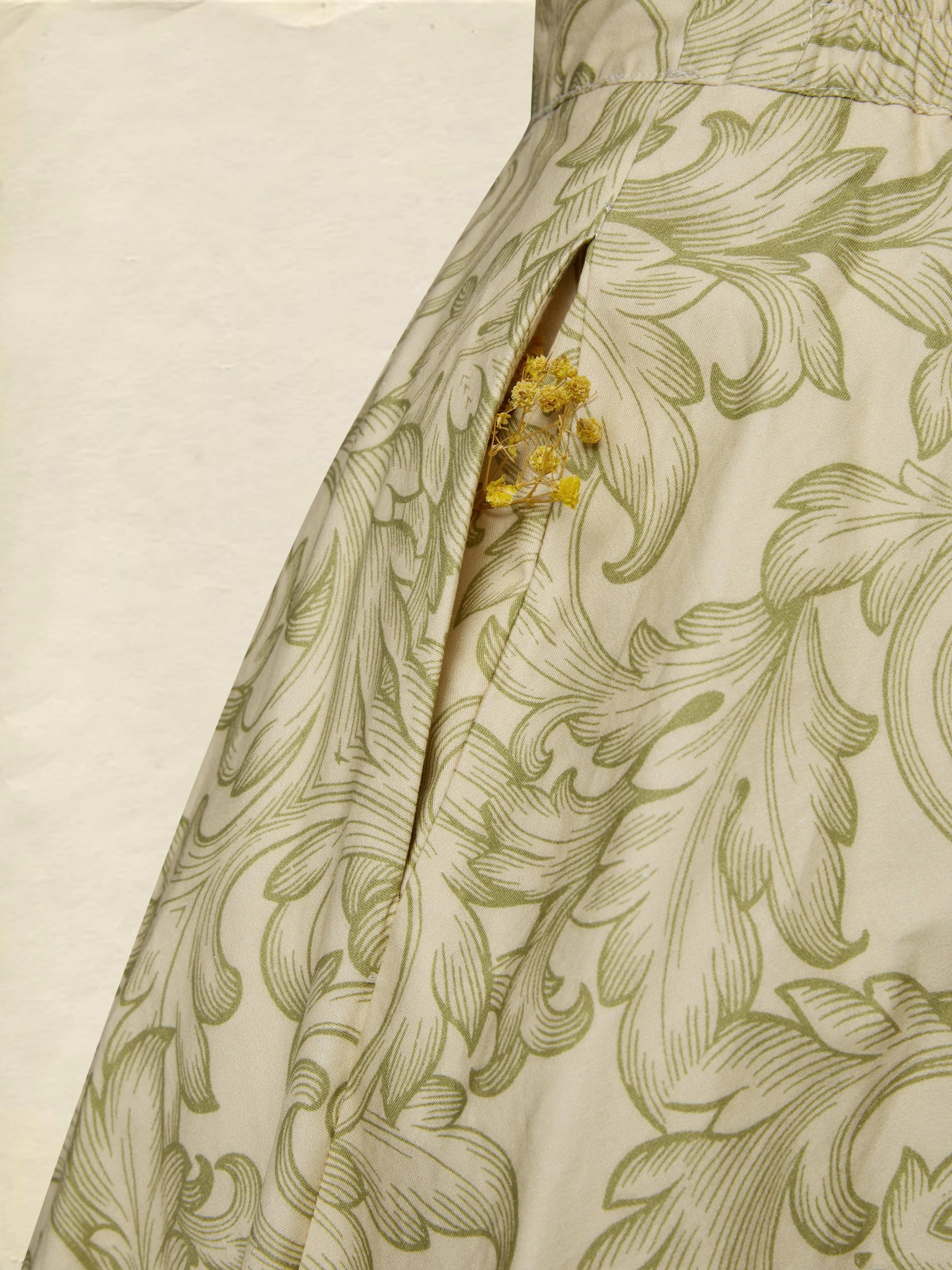 Midi Cotton Skirt Set, Long Sleeves, V Neck, Leaf, Plants, Button Design, Vintage, Light Khaki