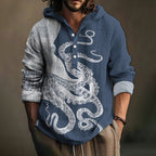 Japanese Art Octopus Graphic Printed Linen Blend Hoodie
