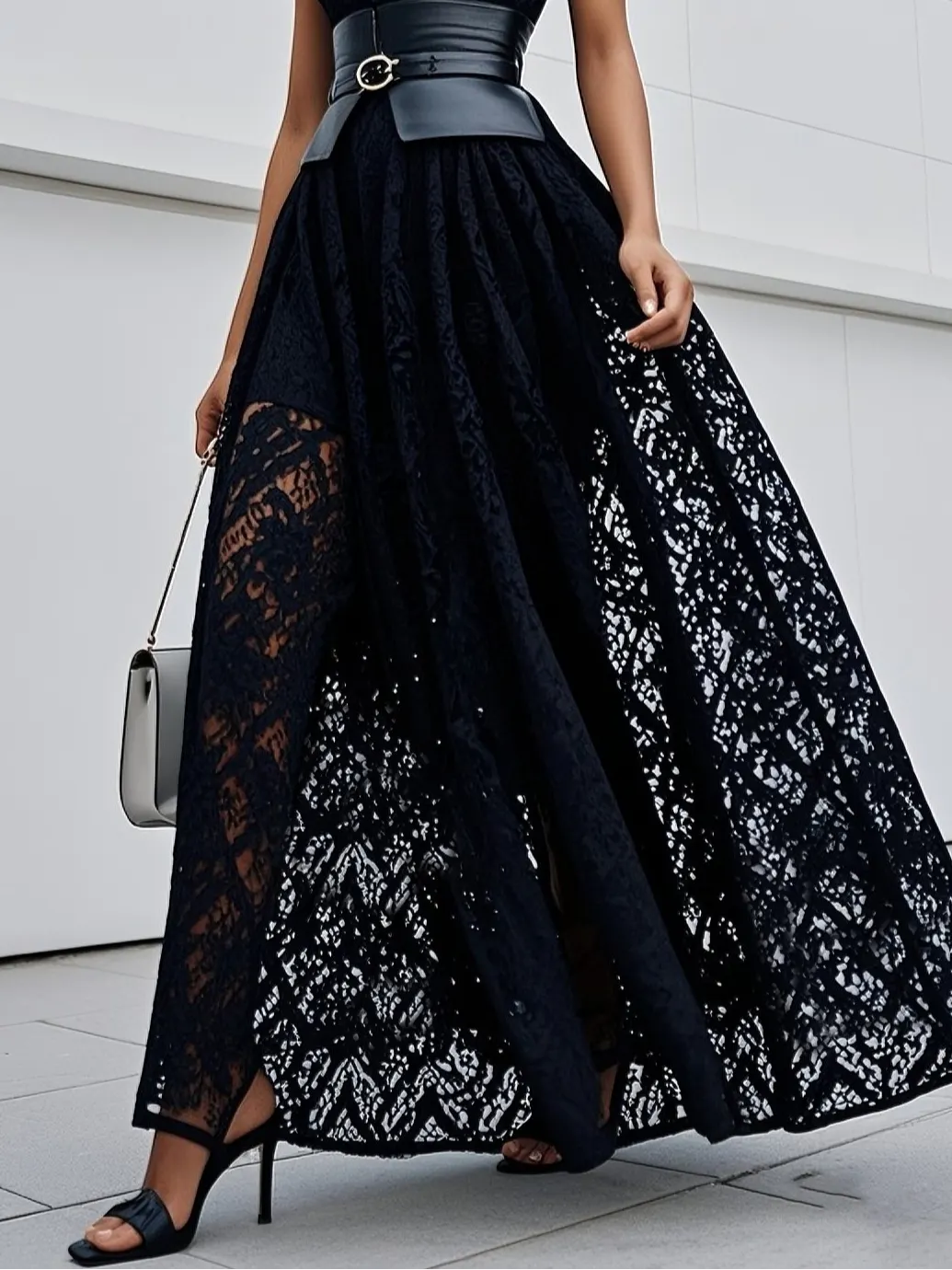 Black Lace Hollow Out Cotton Crew Neck Sleeveless A-Line Maxi Dress With Belt
