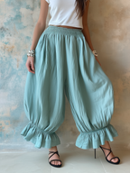 Boho Ruffle Hem Elastic Waist Harem Pants | Relaxed Fit Casual Linen Trousers