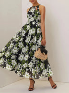 Green Floral Hollow Out Chiffon Halter Crew Neck Sleeveless A-Line Maxi Dress