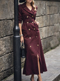 Maxi Cotton Trench Coat, Long Sleeves, Lapel Collar, Plain, Button Design, Vintage, Wine Red