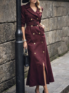Maxi Cotton Trench Coat, Long Sleeves, Lapel Collar, Plain, Button Design, Vintage, Wine Red