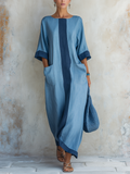 Light Blue Tencel Denim Colorblock Oversized Maxi Dress