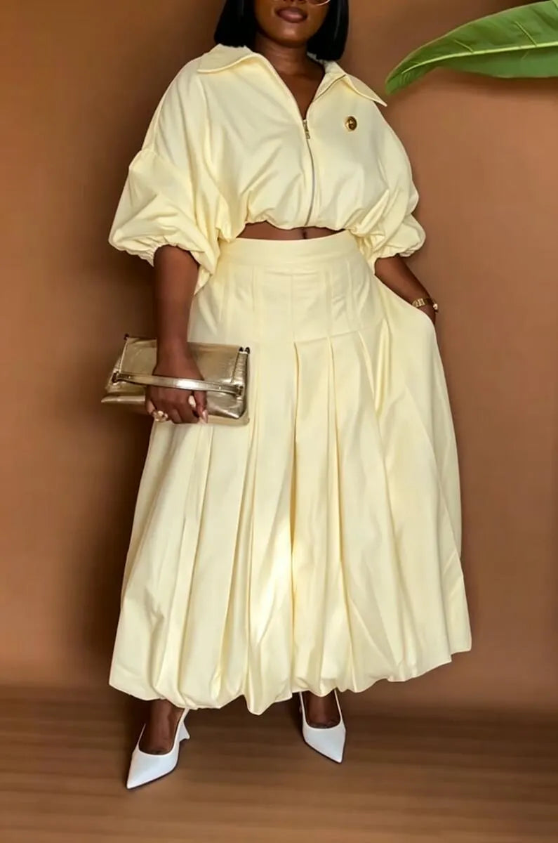 Lilac Zip Puff Sleeve Crop Top Pleated Bubble Midi Skirt Set