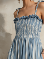 Blue Striped Linen Smocked Tiered Maxi Dress