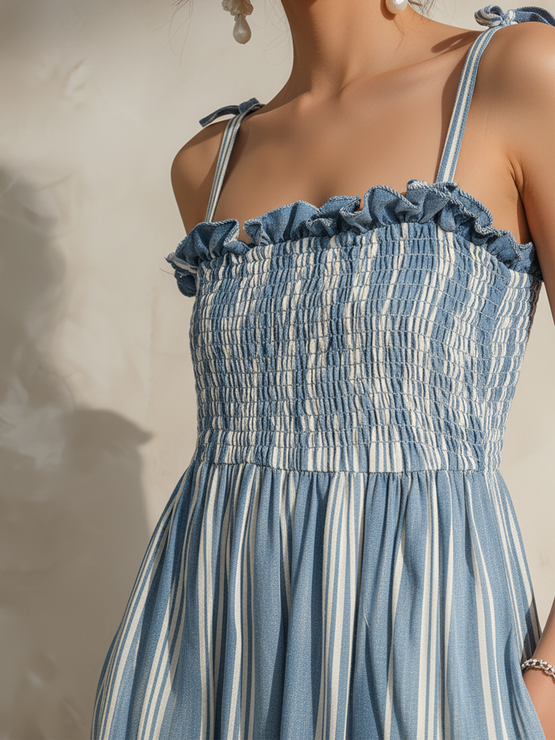 Blue Striped Linen Smocked Tiered Maxi Dress