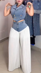 Denim Vest & White Pleated Wide Leg Pants Two Piece Set
