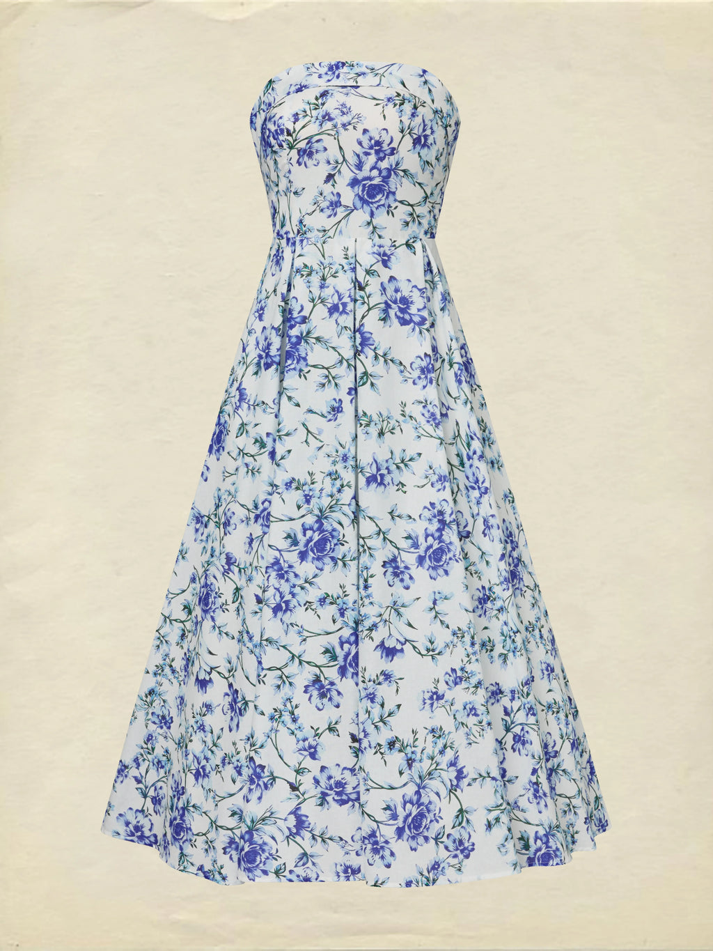 Maxi Cotton Dress, Sleeveless, Strapless, Floral, Vacation, Vintage, Blue