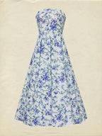 Maxi Cotton Dress, Sleeveless, Strapless, Floral, Vacation, Vintage, Blue