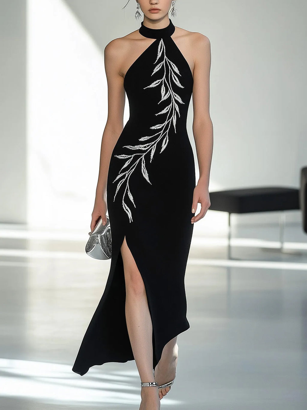 Chic Black Halter Neck Dress with Side Slit and Embroidery