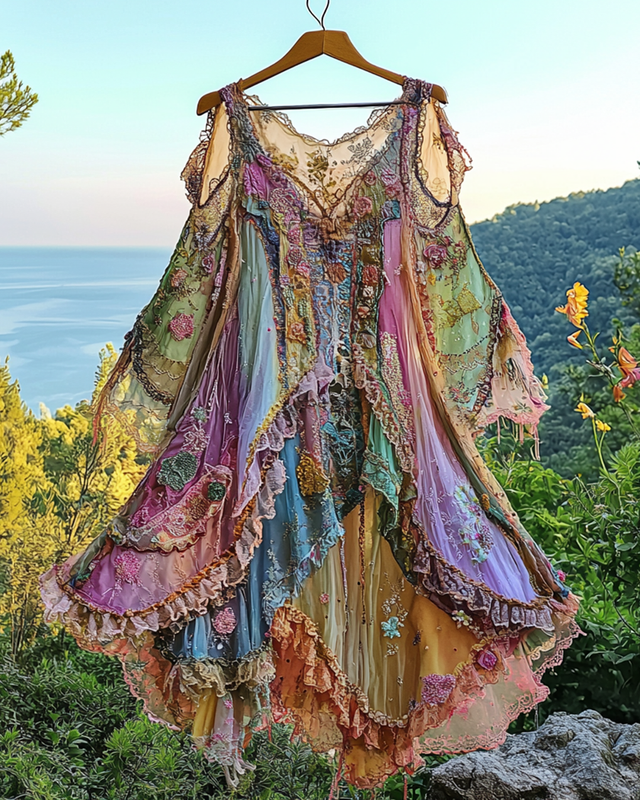 Summer Irregular Lace Patchwork BeadedRuffle Dress d646