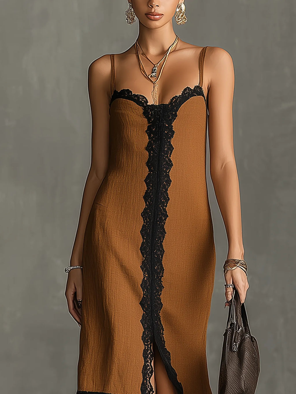 Brown Cotton Linen Lace Spliced Sleeveless Front Slit Maxi Dress