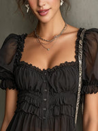 Black Sheer Puff Sleeve Blouse With Ruffled Bodice