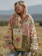Women's Vintage Floral Patchwork Zipper Casual Hooded