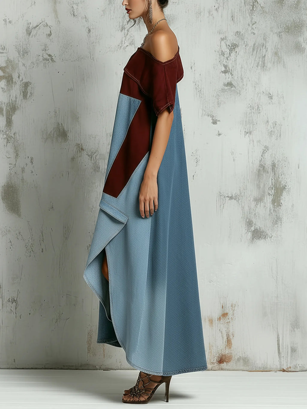 Cold-Shoulder Patchwork Denim Maxi Dress