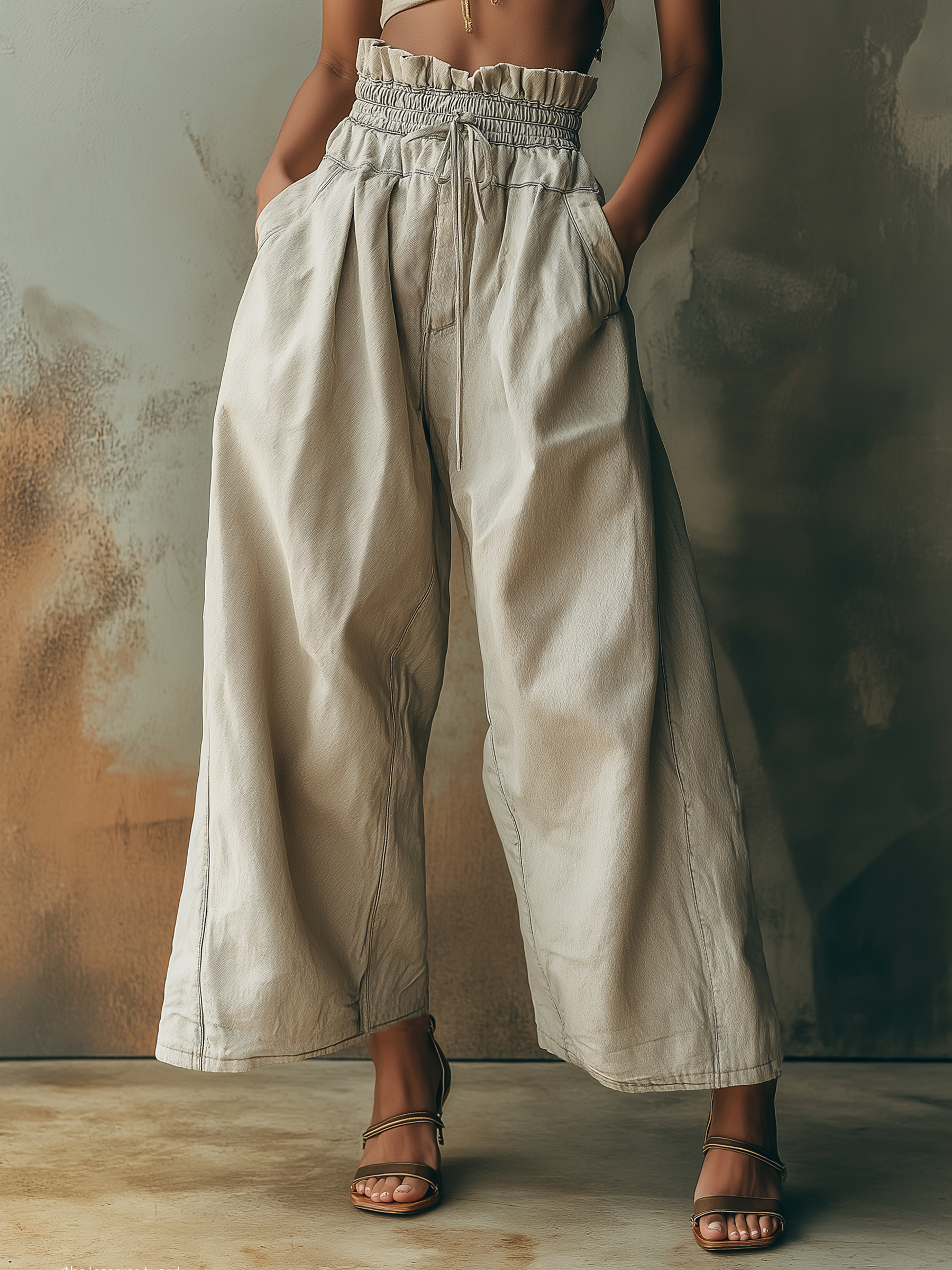 Washed Light Gray Denim High Waist Wide Leg Pants