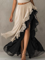 Beige Lace Patchwork Top And Contrast Layered Chiffon Skirt Set