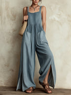 Light Wash Denim Wide-Leg Overalls - Loose Fit Jumpsuit With Pockets