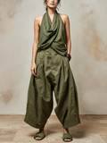 Olive Green Halter Top & Barrel Pants Two-Piece Set