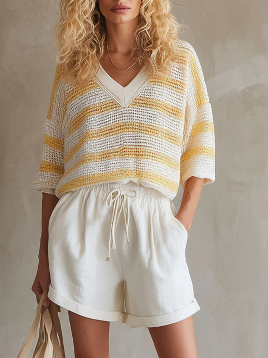 Casual Knitted Pullover Top And Linen-cotton Shorts Two-piece Set