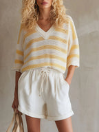 Casual Knitted Pullover Top And Linen-cotton Shorts Two-piece Set