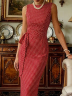 Midi Cotton Dress, Sleeveless, Round Neck, Polka Dots, Twist, French Vintage, Red