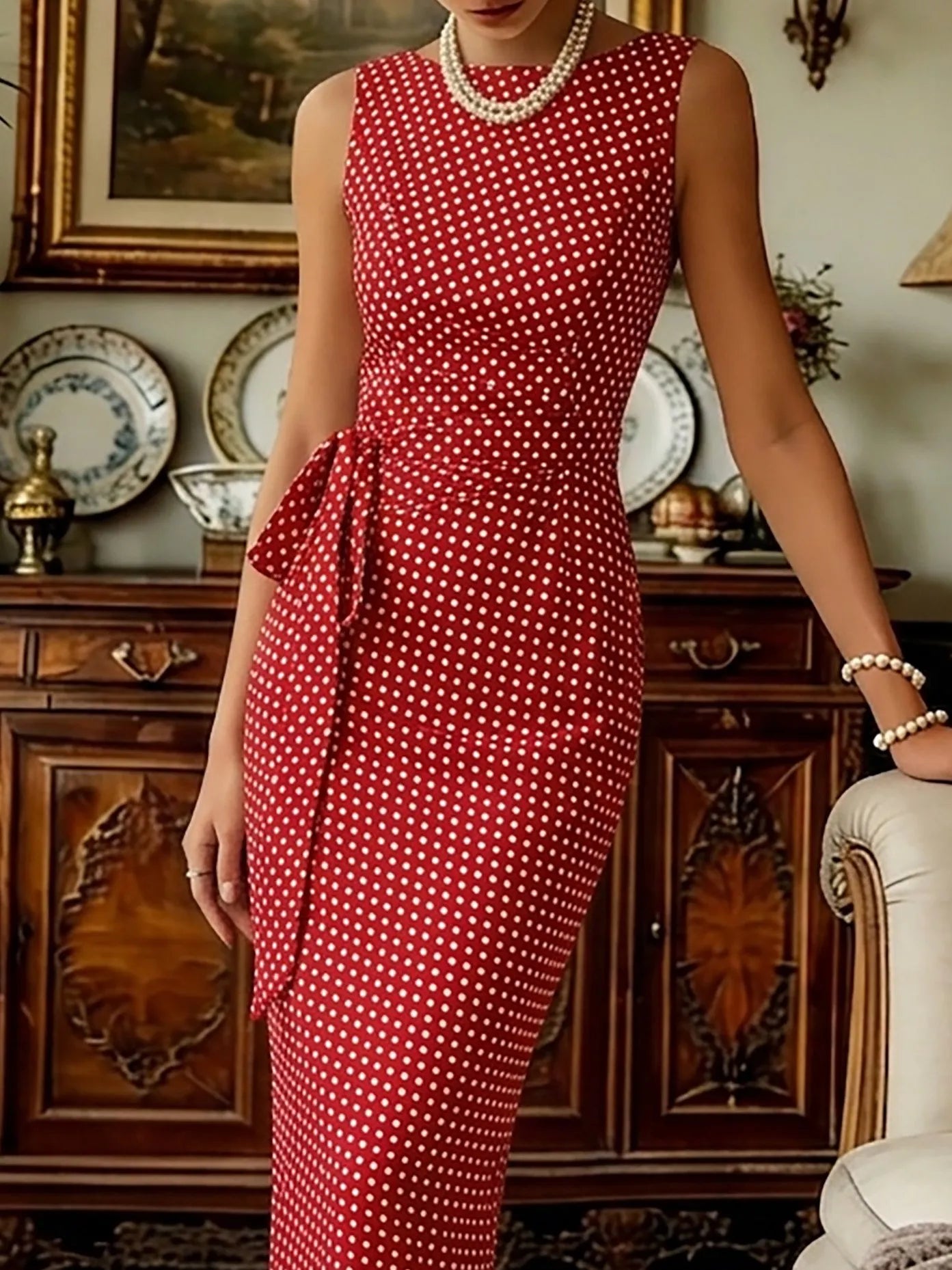 Midi Cotton Dress, Sleeveless, Round Neck, Polka Dots, Twist, French Vintage, Red