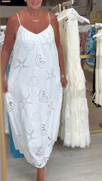 Ocean Motif Eyelet Spaghetti Strap Midi Dress