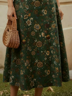 Midi Linen Skirt, loral, Pocket Design, Vintage, Green