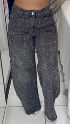 Over Rhinestone High Waist Wide Leg Jeans