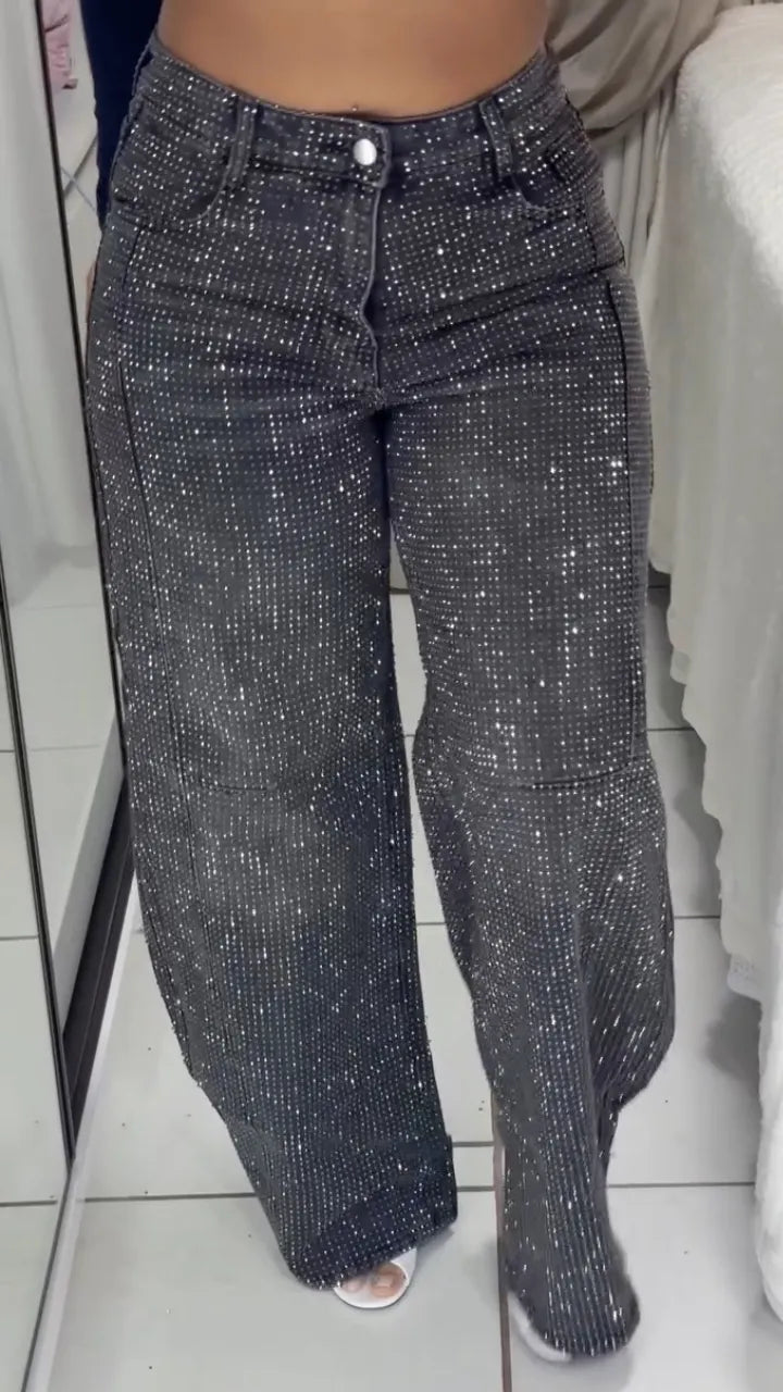 Over Rhinestone High Waist Wide Leg Jeans