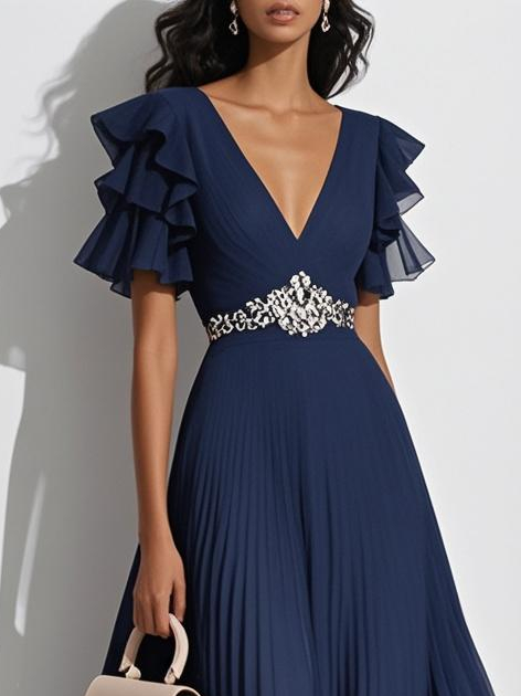 Purplish blue Pleated Rhinestone Chiffon V Neck Short Sleeve Ruffle Sleeve A-Line Maxi Mother of the Bride or Groom Dress