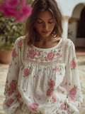 Vintage Boho Roses Pattern Comfy Linen Tunic