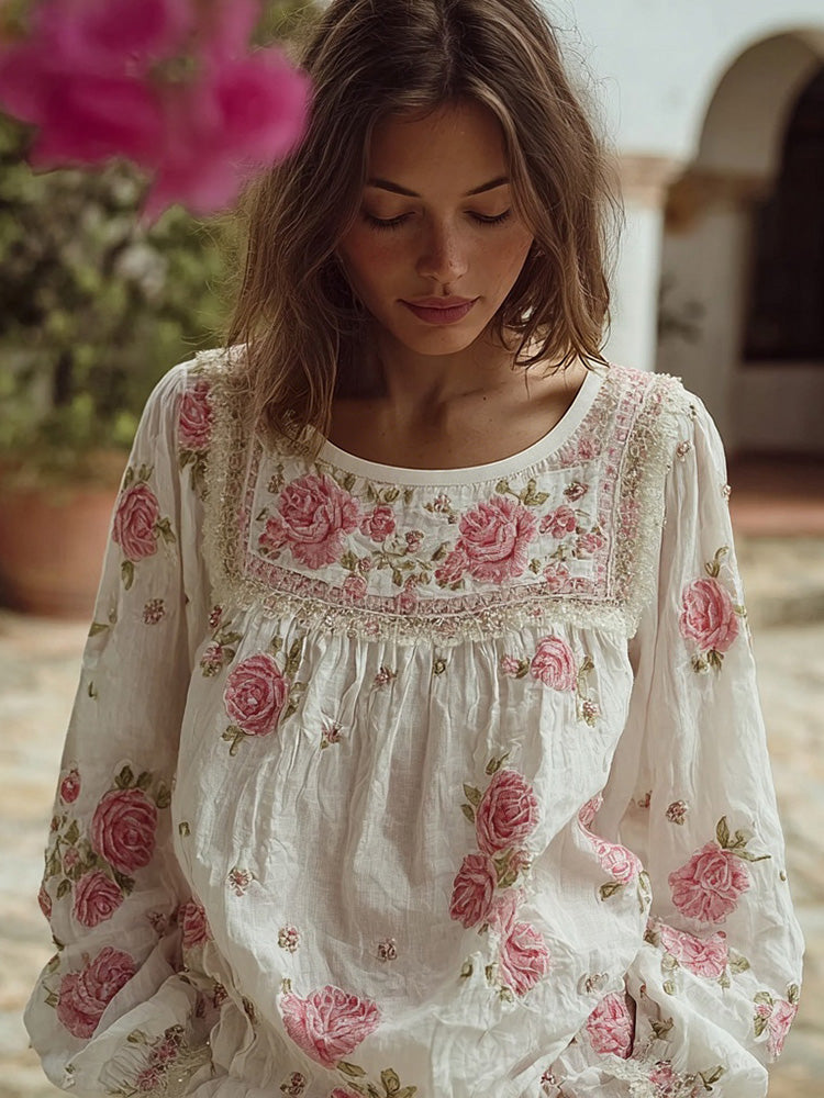 Vintage Boho Roses Pattern Comfy Linen Tunic
