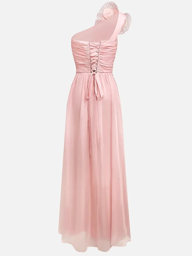 Pink Chiffon Removable 3D Floral Ruched Slit One Shoulder Sleeveless Sheath Gown Dress