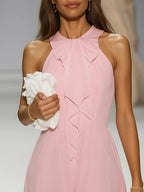 Pink Bow Peplum Chiffon Halter Sleeveless A-Line Midi Dress
