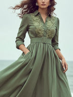 Maxi Linen Dress, Long Sleeves, Shawl Collar, Plain, Lace, Vacation, Vintage, Green