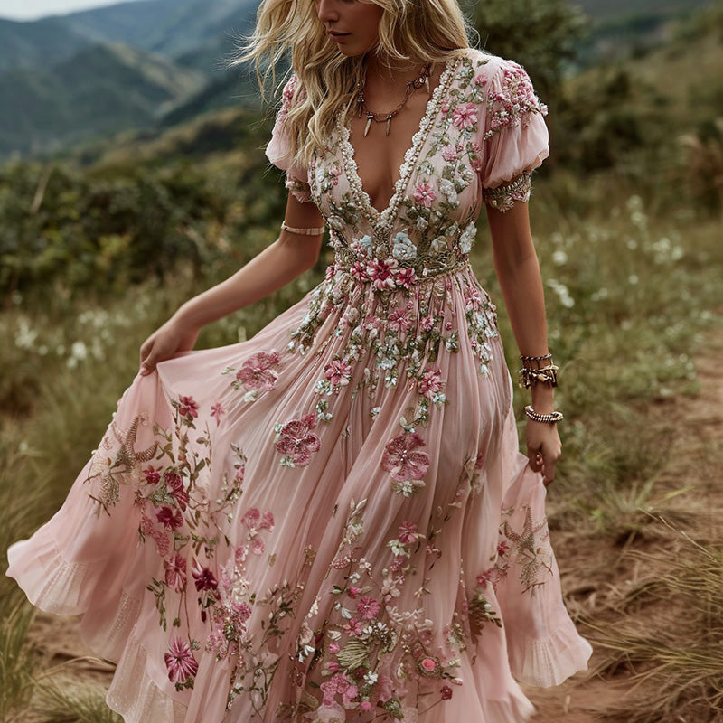 Women's Boho Vintage Pink Floral Art Flowy Maxi Dress