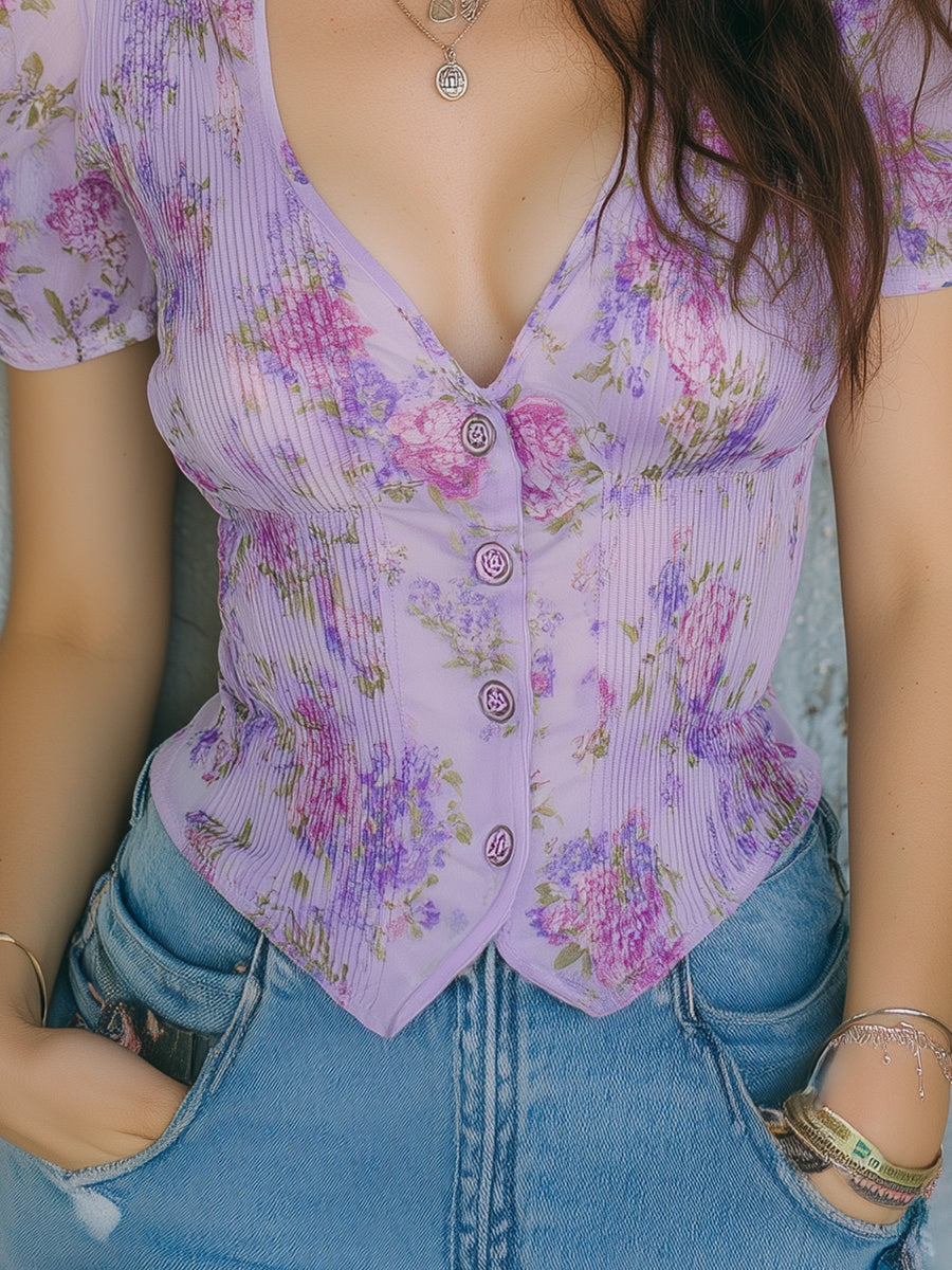 Vintage Pleated Chiffon Printed Blouse