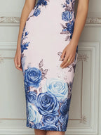 Blush Pink Boat Neck Blue Rose Print Midi Dress