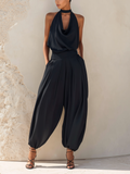 Black Satin Cowl Neck Halter Jumpsuit With Balloon Pants