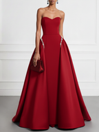 Red Faux Pearl Split Joint Satin Strapless Sleeveless A-Line Gown