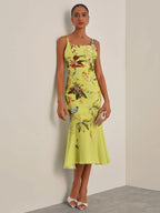 Yellow Floral Applique Spaghetti Mermaid Midi Dress