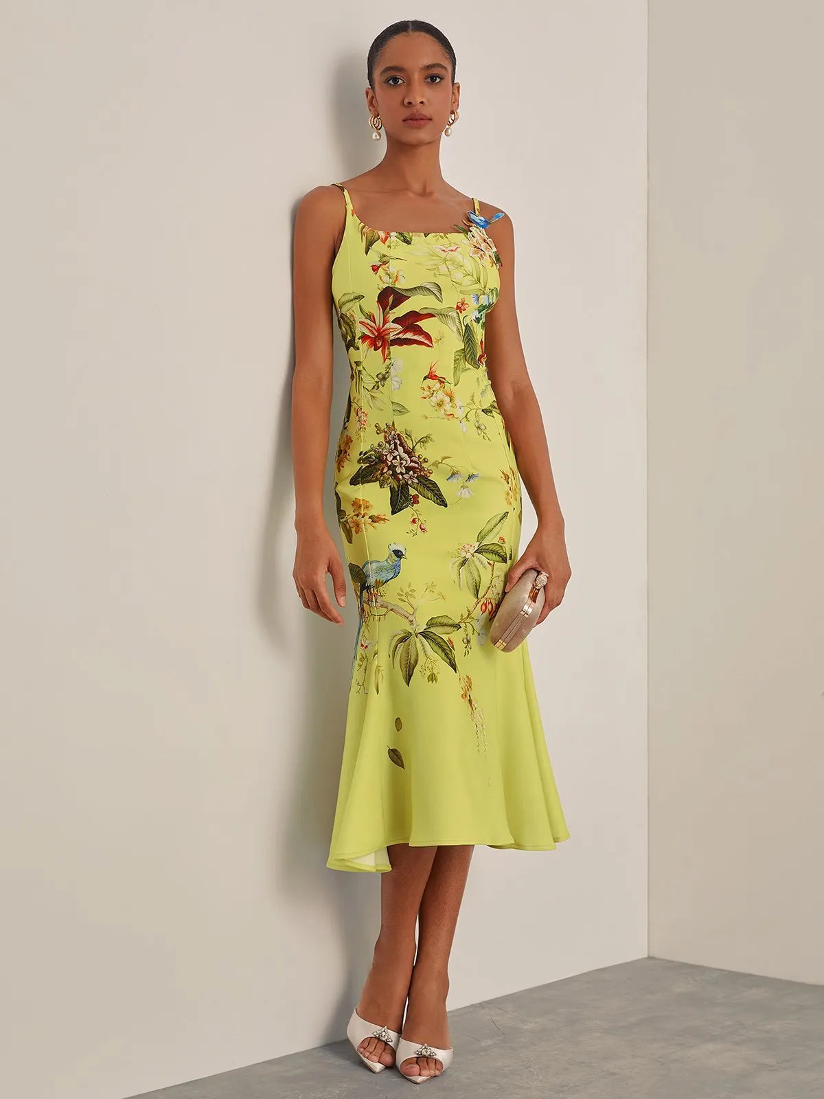 Yellow Floral Applique Spaghetti Mermaid Midi Dress