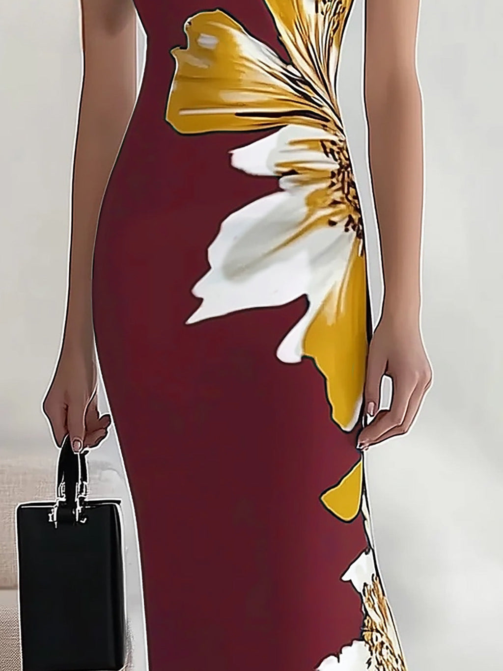 Chic Black Satin Dress with Unique Side Floral Pattern