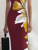 Chic Black Satin Dress with Unique Side Floral Pattern