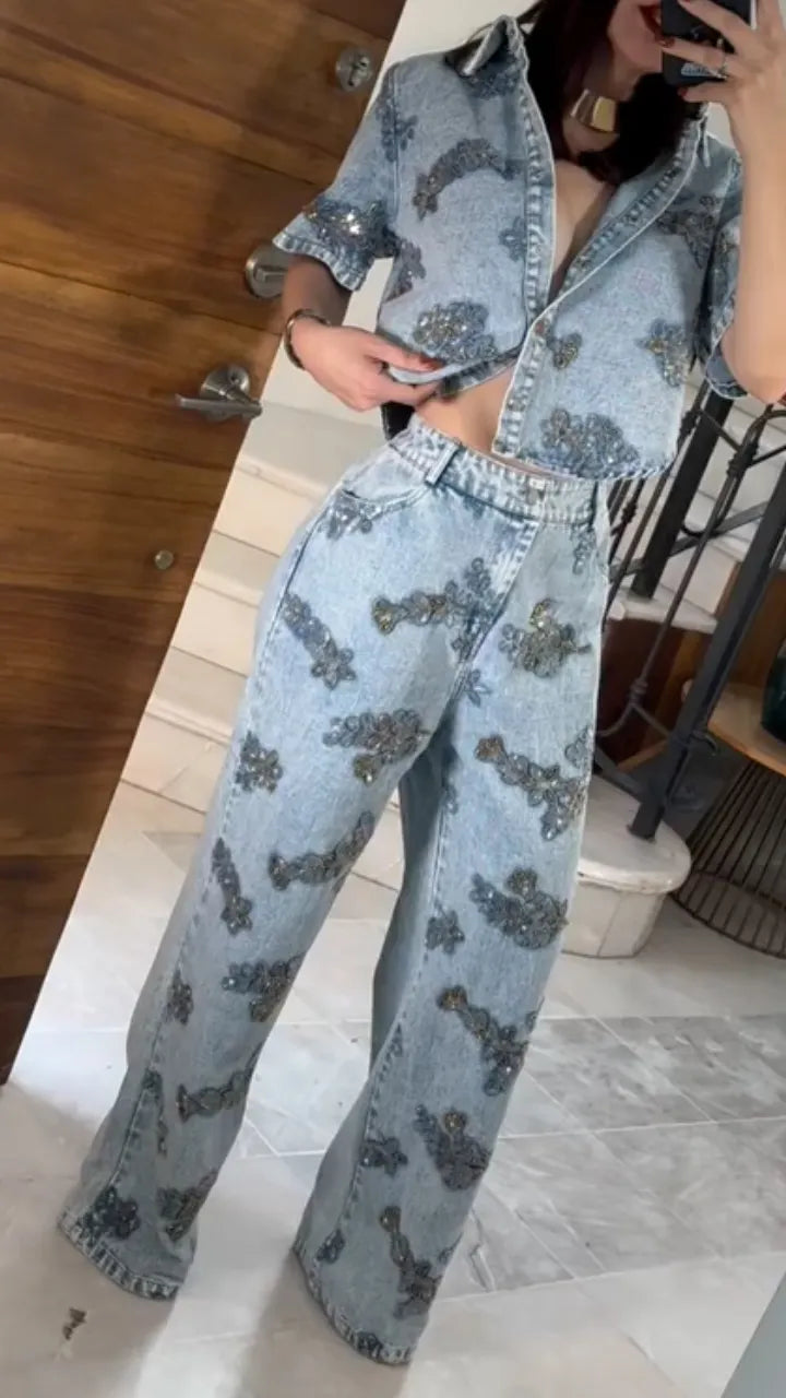 Style Rhinestone Floral Embellished Cropped Denim Shirt & Wide Leg Jean Two Piece Set