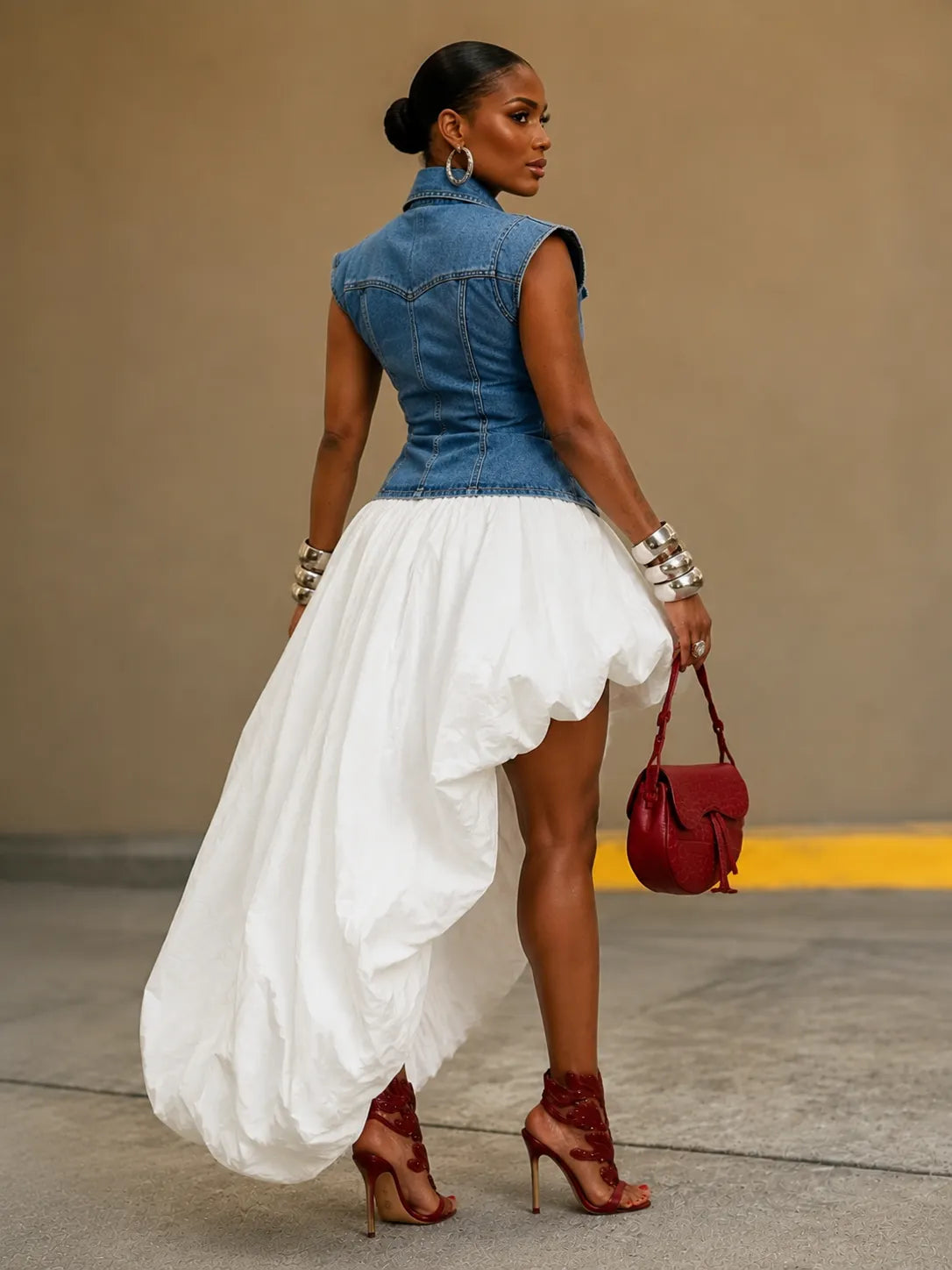 Sleeveless Denim Vest High Low Skirt Two Piece Set