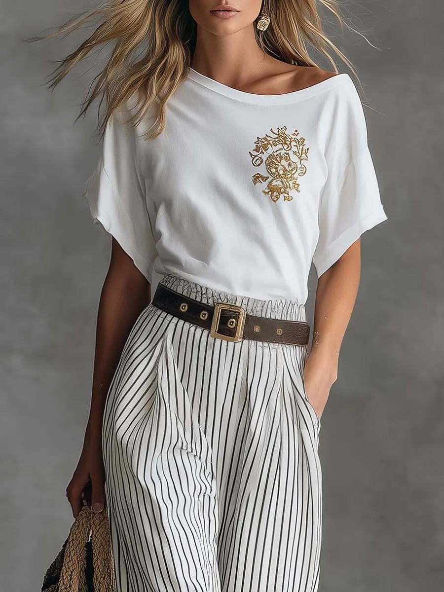 Casual Western-Style White Asymmetrical Cotton T-Shirt And Striped Pants Set